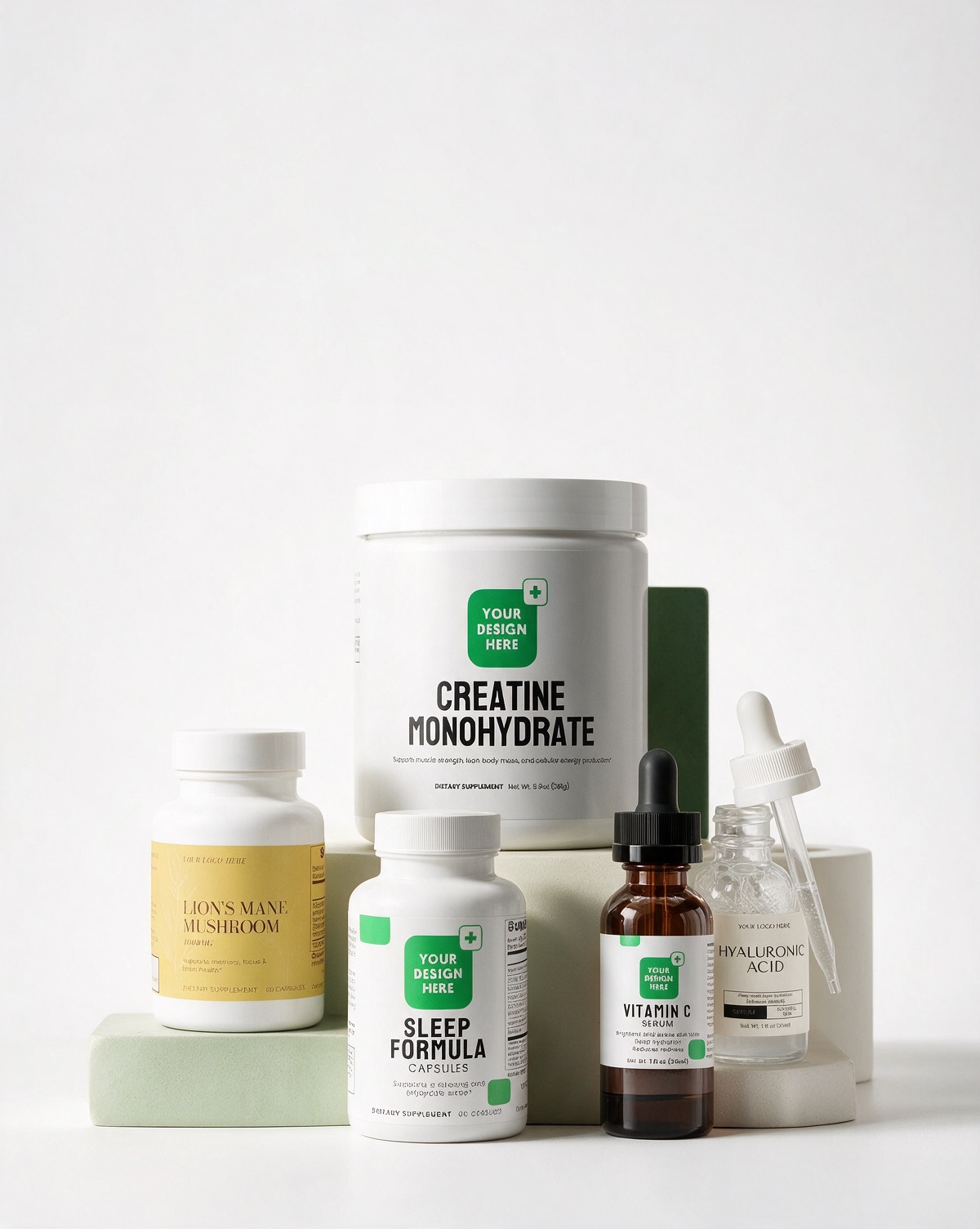 Five Supliful white-label products arranged on light plinths