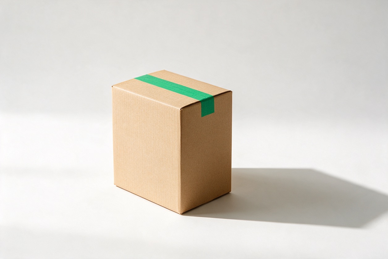 Kraft shipping box sealed with green paper tape